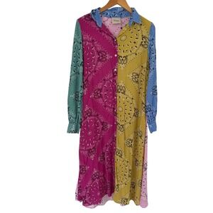 Dixie Italy Womens Multicolor Bandana Paisley Colorblock Midi Shirt Dress LS